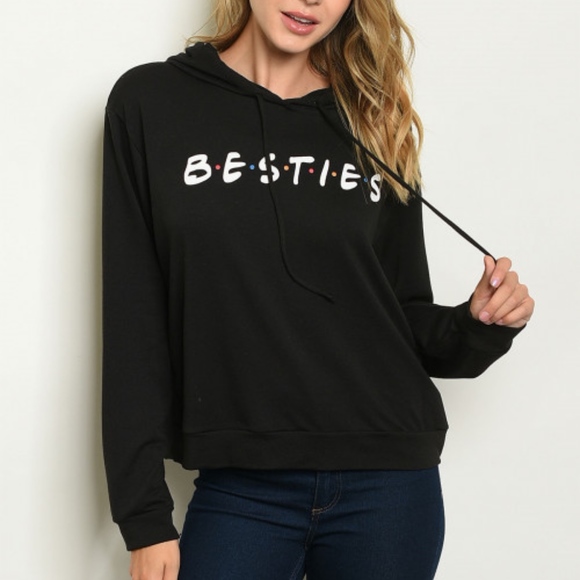 Long Sleeve Hooded "Besties" Print Black Sweater - Picture 2 of 5
